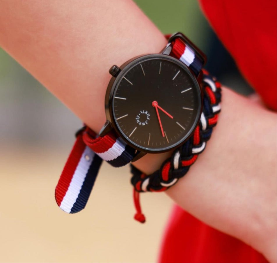 Red white discount and blue watch